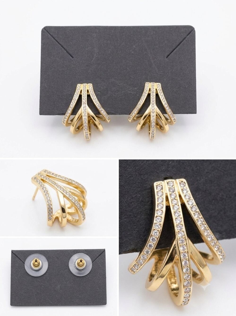 Crystal Brand Gold Tone Pave Crystal Fan Waterfall Statement Stud Earrings